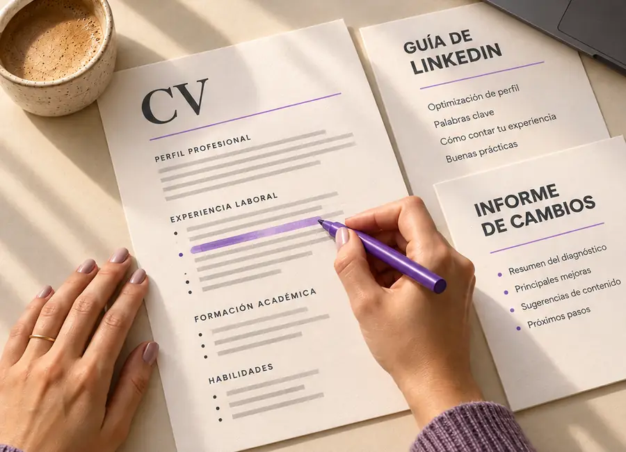 CV, guía de LinkedIn e informe de cambios impresos sobre un escritorio, con una mano marcando el CV con un resaltador violeta.