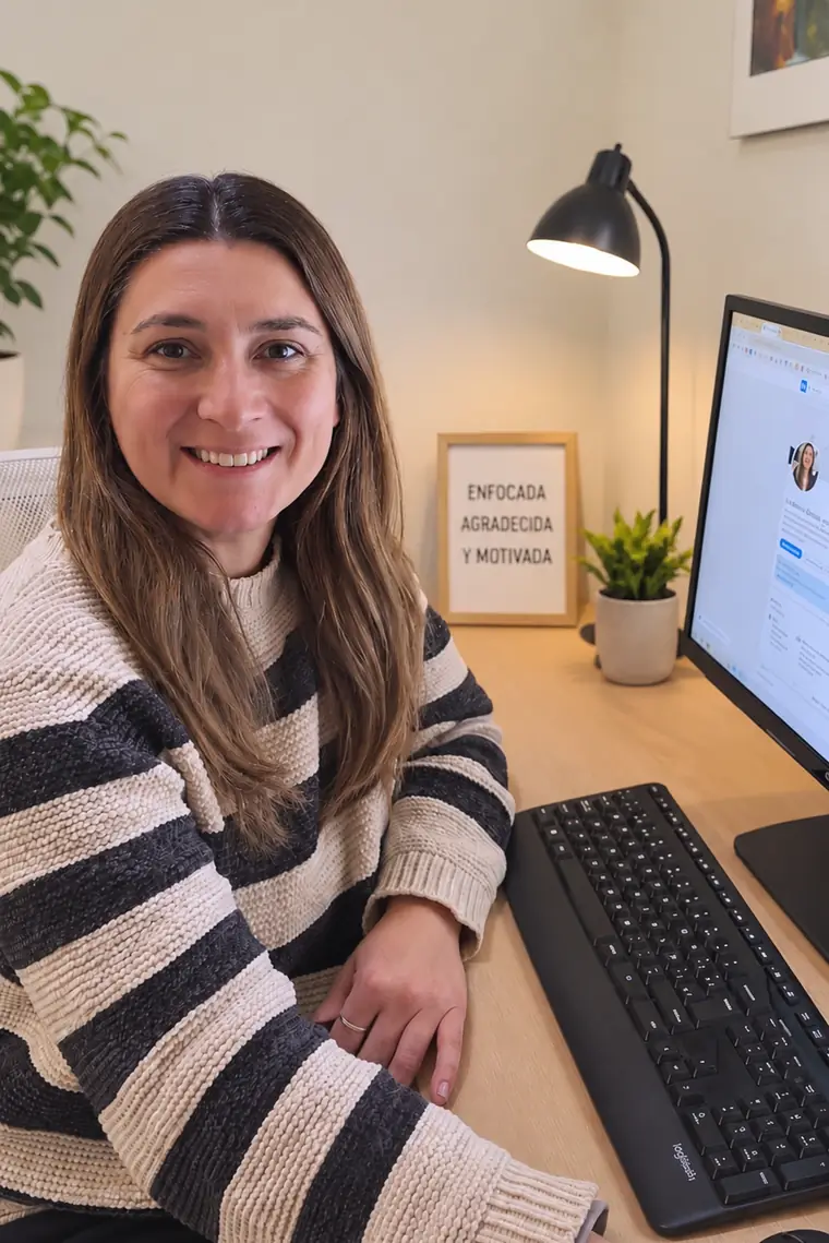 Guillermina Beccar sonriendo, sentada en su escritorio de trabajo con su notebook y su perfil de LinkedIn en pantalla.